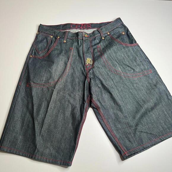 CEZER Men’s Size 36 Y2K Rap Denim Shorts Dark Wash Peru 100% Cotton Red Stitch - Picture 1 of 12